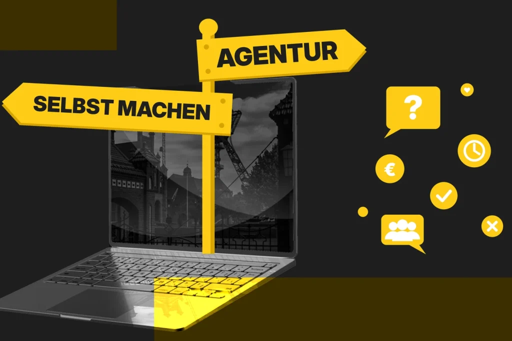Social Media Agentur oder selbst machen – Wegweiser auf dem Laptop
